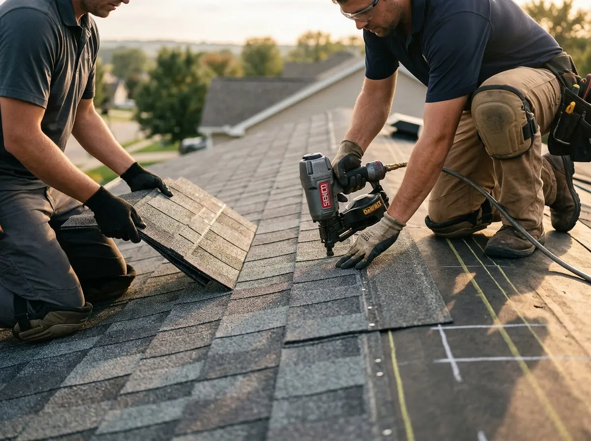 Professional roofer working on a residential roof in Pawling